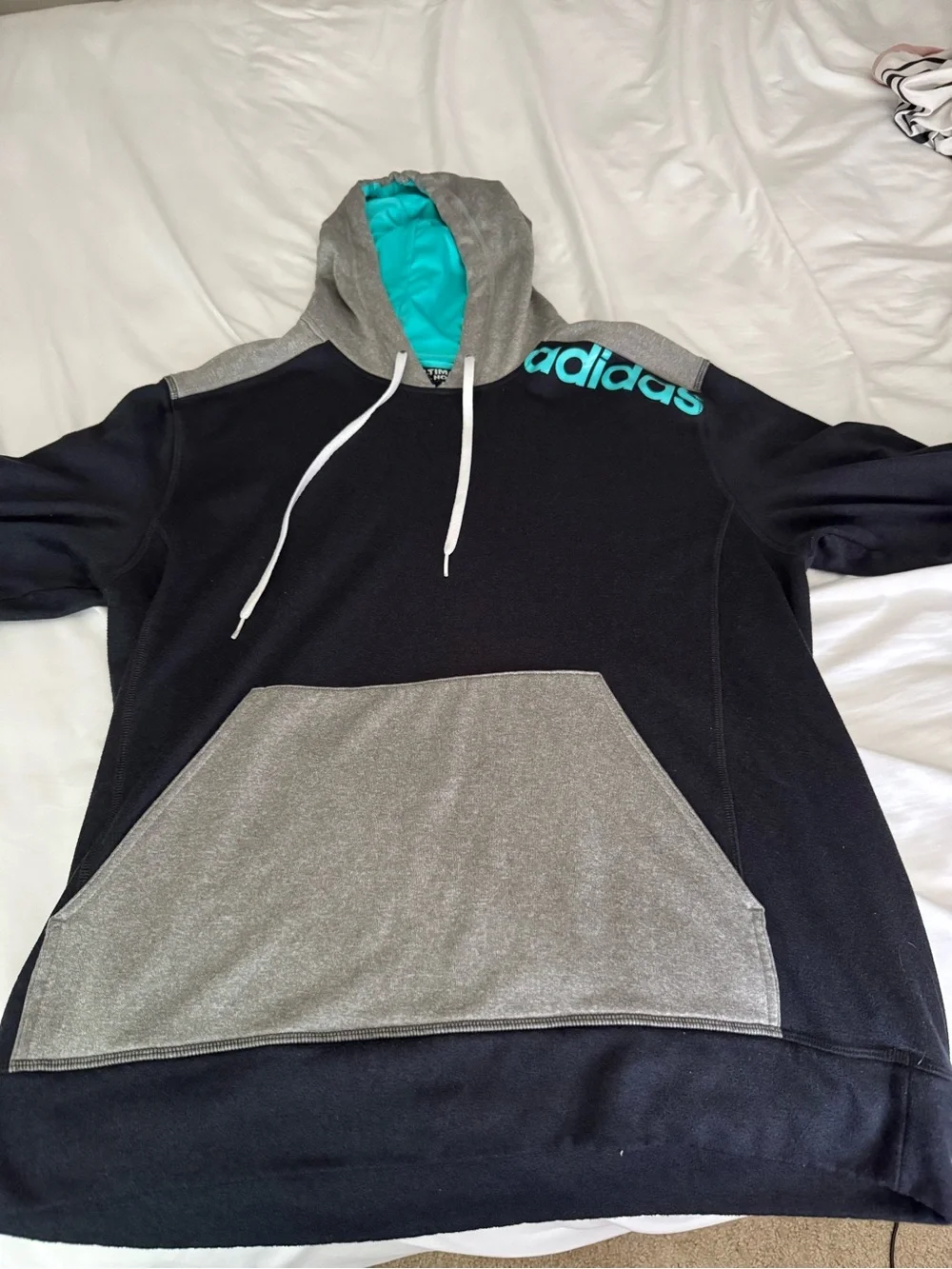 Navy blue adidas hoodie. Mens xl soft polyester. Teal and gray accents. Like new